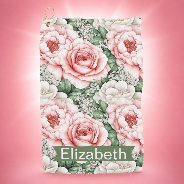 Personalisierte hübsche rosa Rosen Golfhandtuch (Pretty Pink Roses Patterned Personalized Golf Towel For Women.)