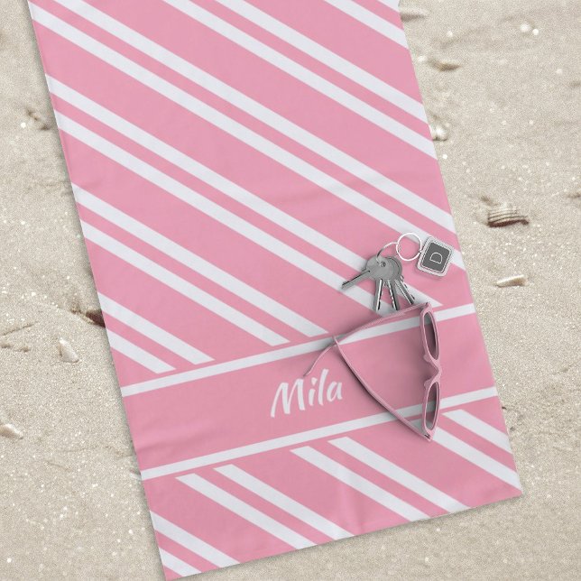 Personalisierte, Hübsche Streifen Strandtuch (Pink and White Striped Customizable Beach Towel)