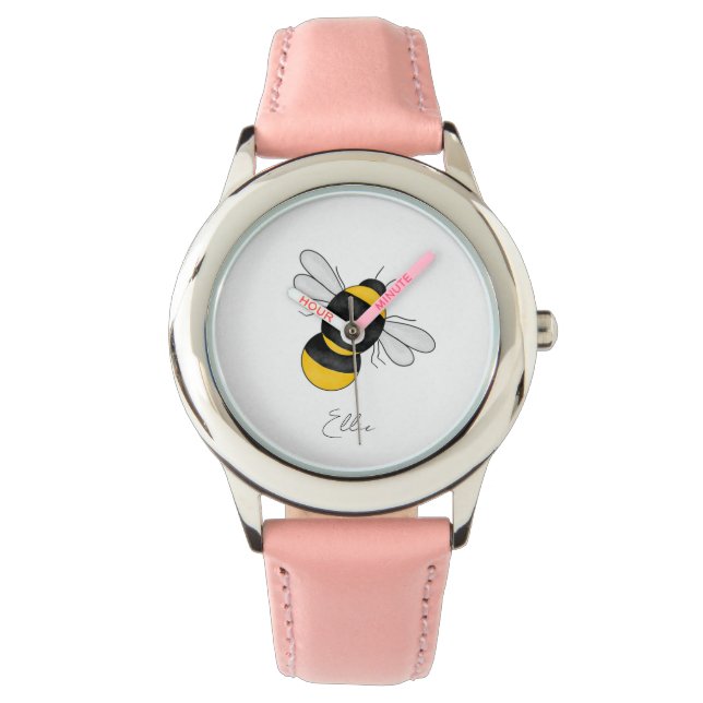 Personalisierte Hummelkinder rosa Uhr (Vorderseite)