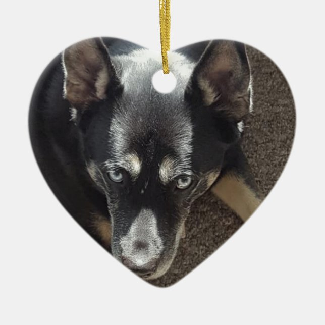 Personalisierte Hunde Foto Herz mit Hundename Keramik Ornament (Vorne)