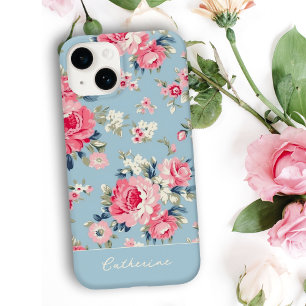 Personalisierte Hütte Rosa Rosen auf blauem Hinter Case-Mate iPhone 14 Hülle