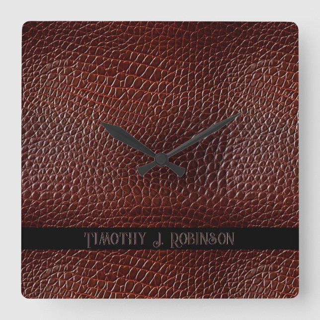 Personalisierte Imitate Leather Brown bestickt Quadratische Wanduhr (Vorderseite)