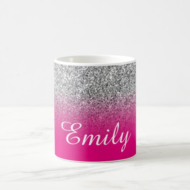 Personalisierte Imitate Silver Hot Pink Ombre Glit Kaffeetasse (Mittel)