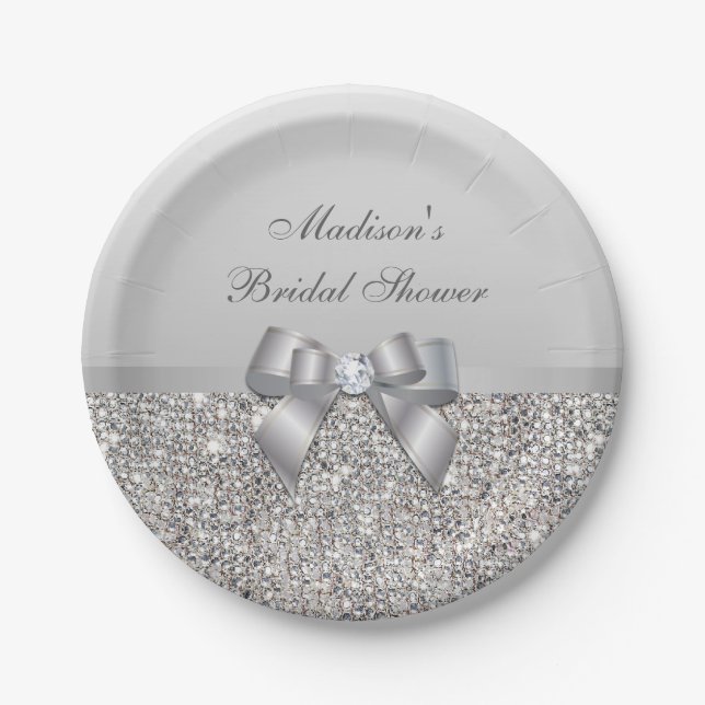 Personalisierte Imitate Silver Sequins Bow Brautpa Pappteller (Vorderseite)