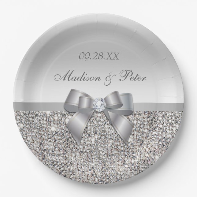 Personalisierte Imitate Silver Sequins Bow Wedding Pappteller (Vorderseite)