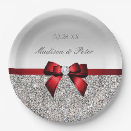 Personalisierte Imitate Silver Sequins Red Bow Wed Pappteller