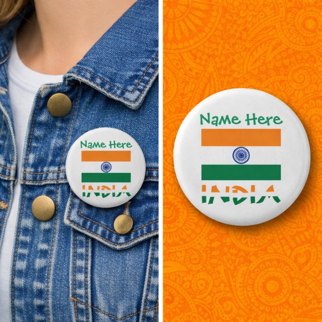 Personalisierte Indienflagge rund Button (Personalized button pin with Indian flag, INDIA in flag colors, and a place for a name above.)
