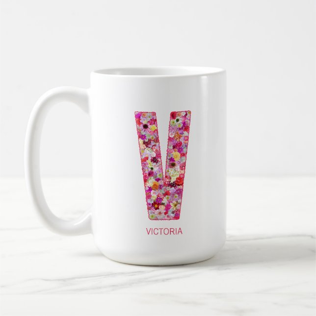 Personalisierte Initiale | Florale Buchstabe V Mon Kaffeetasse (Links)