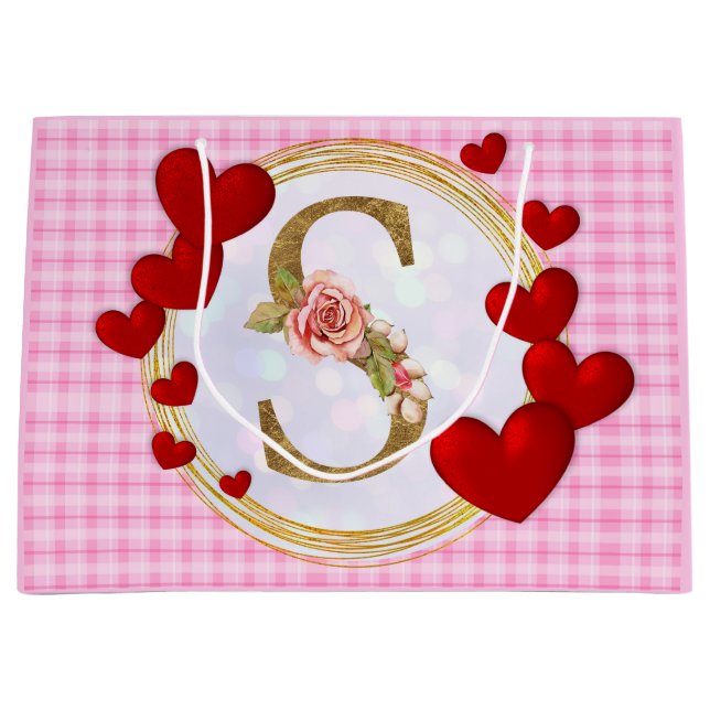 Personalisierte initiale florale Monogramm und Rot Große Geschenktüte (Vorderseite)