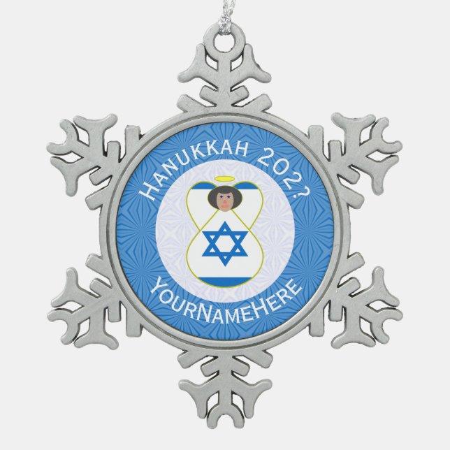 Personalisierte israelische Angel-Hanukka-Fahne Schneeflocken Zinn-Ornament (Vorderseite)