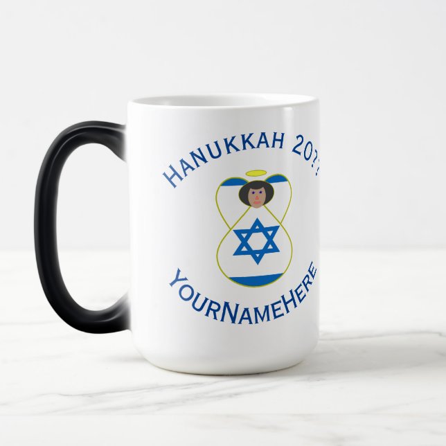 Personalisierte israelische Angel-Hanukka-Fahne Verwandlungstasse (Links)
