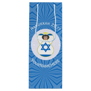 Personalisierte israelische Engel-Hanukkah-Flagge Geschenktüte Für Weinflaschen