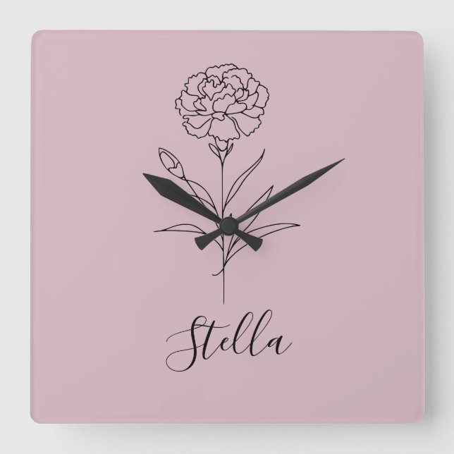 Personalisierte Januar-Nelkenbildung Blume Quadratische Wanduhr (Vorderseite)