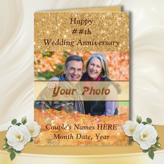 Personalisierte Jubiläumskarten für Ihn und sie Karte (50th anniversary photo cards. Picture anniversary cards. Personalised photo anniversary cards. Gold)
