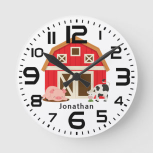 Personalisierte Jungen Roter Stall Schweinekuh Runde Wanduhr