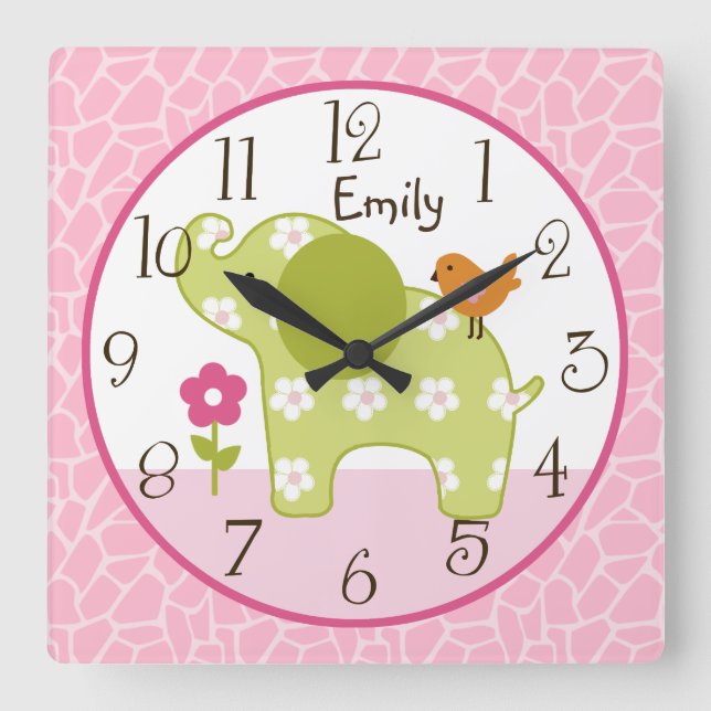 Personalisierte Jungle Girl Elephant Kinderzimmer  Quadratische Wanduhr (Vorderseite)