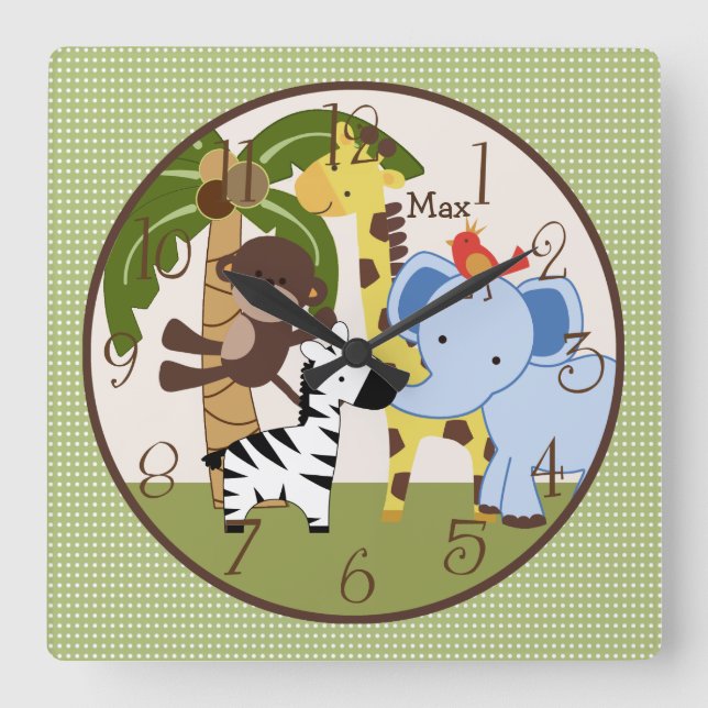 Personalisierte Jungle Pals Kinderzimmer Clock Quadratische Wanduhr (Vorderseite)