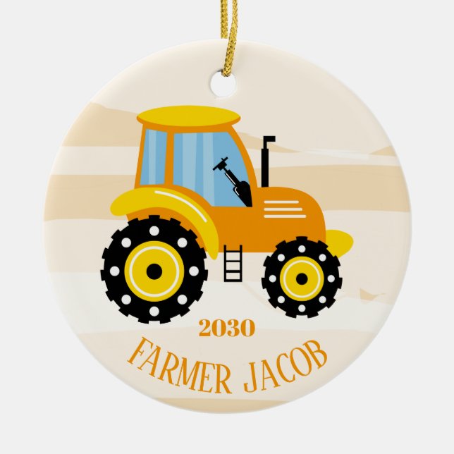 Personalisierte Jungs Gelber Traktor Weihnachten Keramik Ornament (Vorne)
