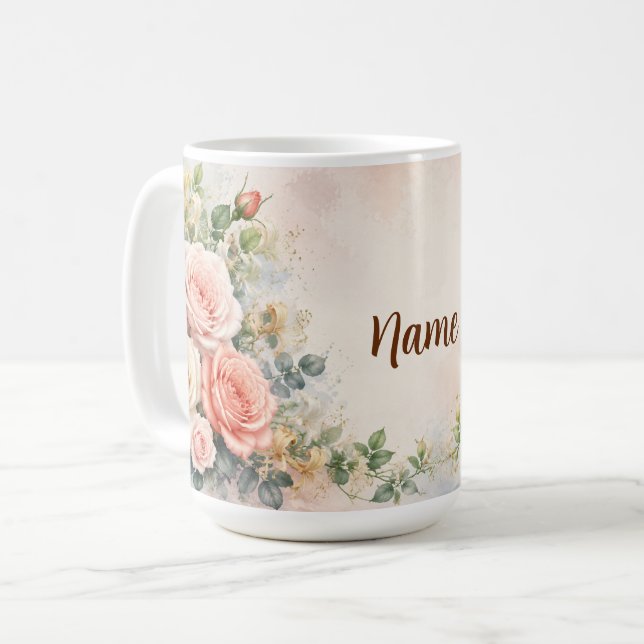 Personalisierte Junigeburtsblume Rose und Geißblat Kaffeetasse (Vorderseite Links)