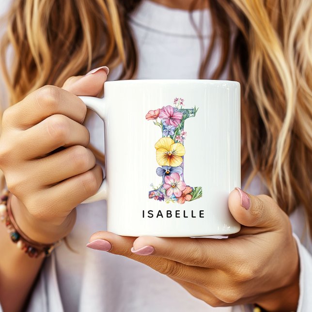 Personalisierte Kaffeetasse mit Blumeninitialen, A (Custom Monogram Name Mug for Mom or Bridesmaids, Custom Floral Alphabet Mug for Teacher or Nurse)