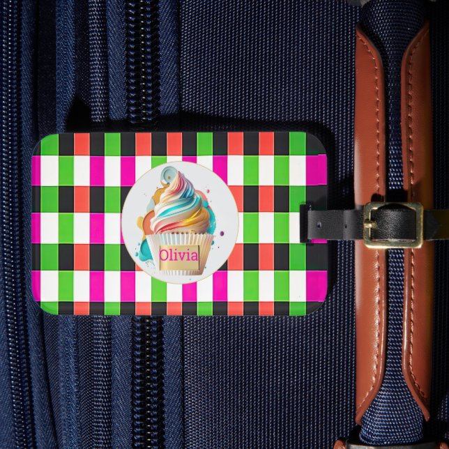 Personalisierte, Karierte Cupcake-Gestaltung Gepäckanhänger (Vorderseite Insitu 4)