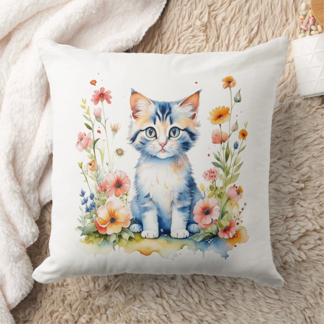 Personalisierte Kätzchen und Blume Kindername Kissen (Decke)