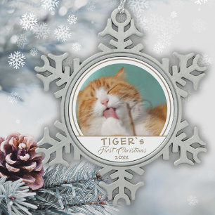 Personalisierte Katze 1. Weihnachtsmann Foto Schneeflocken Zinn-Ornament