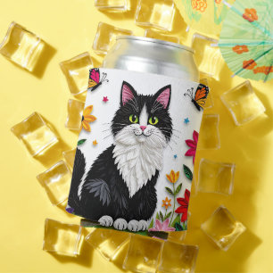 Personalisierte Katze, Blumen und Schmetterlinge Dosenkühler