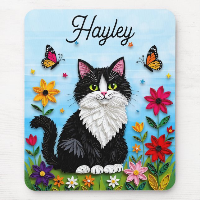 Personalisierte Katze, Blumen und Schmetterlinge   Mousepad (Vorne)