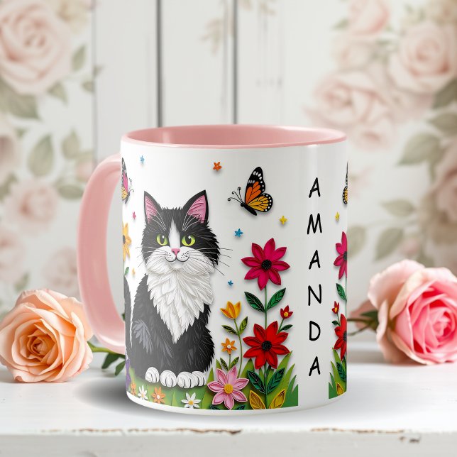 Personalisierte Katze, Blumen und Schmetterlinge   Tasse (Von Creator hochgeladen)