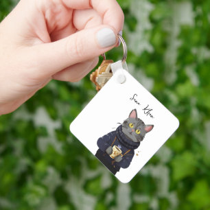Personalisierte Katze Cool Black Cat mit Kaffee Schlüsselanhänger