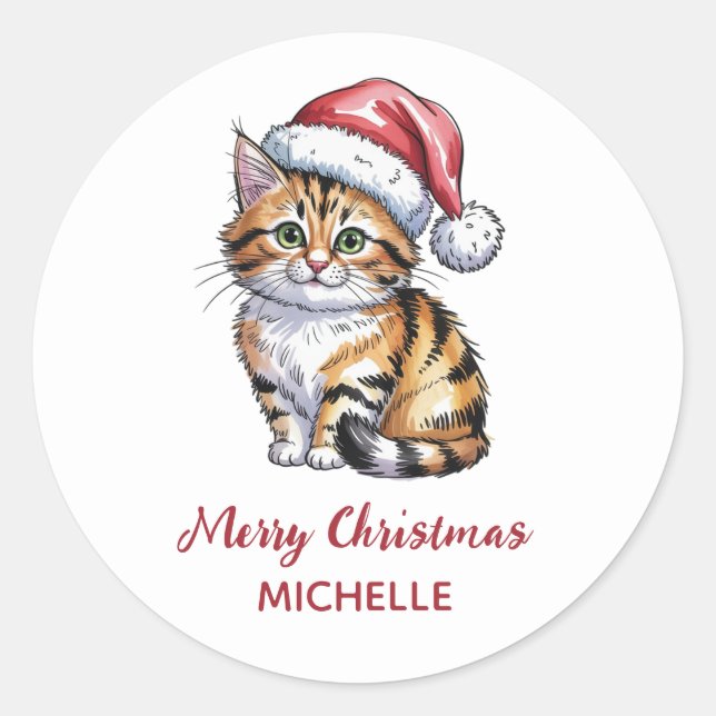 Personalisierte Katze mit Weihnachtsmannmütze Weih Runder Aufkleber (Vorderseite)