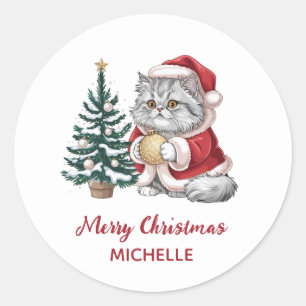 Personalisierte Katze mit Weihnachtsmannmütze Weih Runder Aufkleber