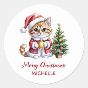 Personalisierte Katze mit Weihnachtsmannmütze Weih Runder Aufkleber