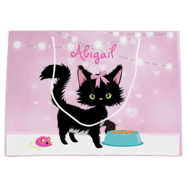 Personalisierte Katze Pink und White Girten Kitten Große Geschenktüte (Vorderseite)