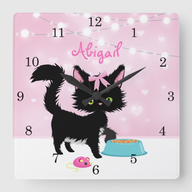 Personalisierte Katze Pink und White Girten Kitten Quadratische Wanduhr (Vorderseite)