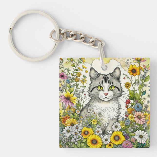 Personalisierte Katze Sitzen in Blume Schlüsselanhänger (Vorderseite)