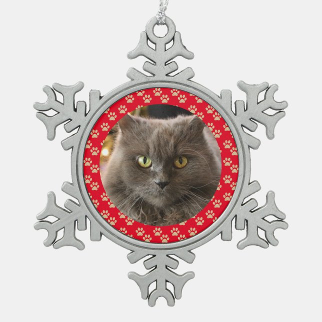 Personalisierte Katze Weihnachten Weihnachten Rote Schneeflocken Zinn-Ornament (Vorderseite)