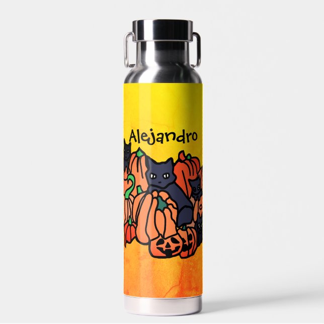 Personalisierte Katzen und Kürbis zu Halloween Trinkflasche (Vorne)