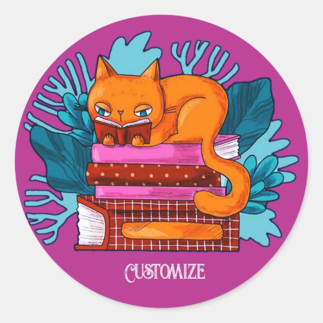 Personalisierte Katzenbücher rosa Runder Aufkleber (Vorderseite)