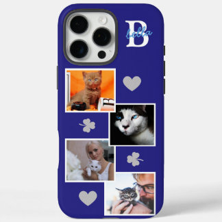 Personalisierte Katzenfoto-Collage-Monogramm blau iPhone 16 Pro Max Hülle