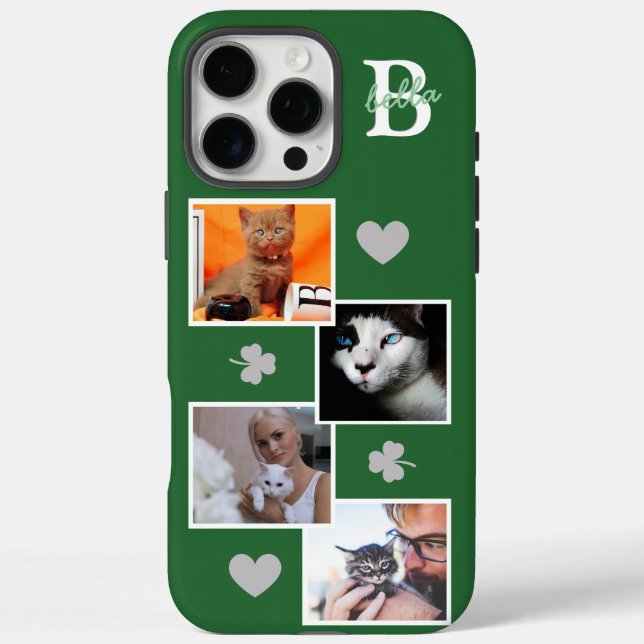 Personalisierte Katzenfoto-Collage Monogramm grün Case-Mate iPhone Hülle (Rückseite)