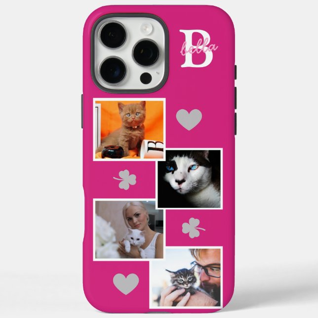 Personalisierte Katzenfoto-Collage-Monogramm rosa Case-Mate iPhone Hülle (Rückseite)
