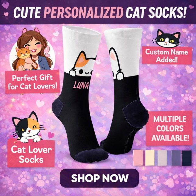 Personalisierte Katzensocken mit Namen – Geschenke Socken (Personalized Cat Socks With Name , Buy This Perfect Gift For Cat Lovers. Available In Many Colors. )