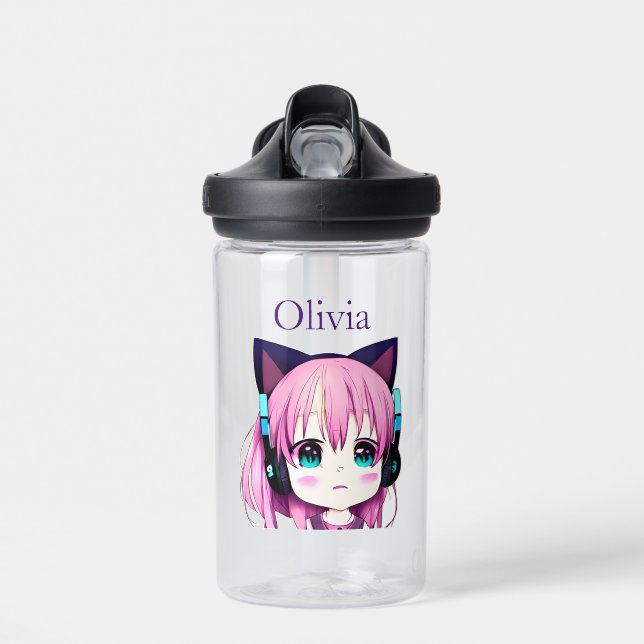Personalisierte Kawaii-Girl mit Kopfhörer auf Trinkflasche (Vorne)