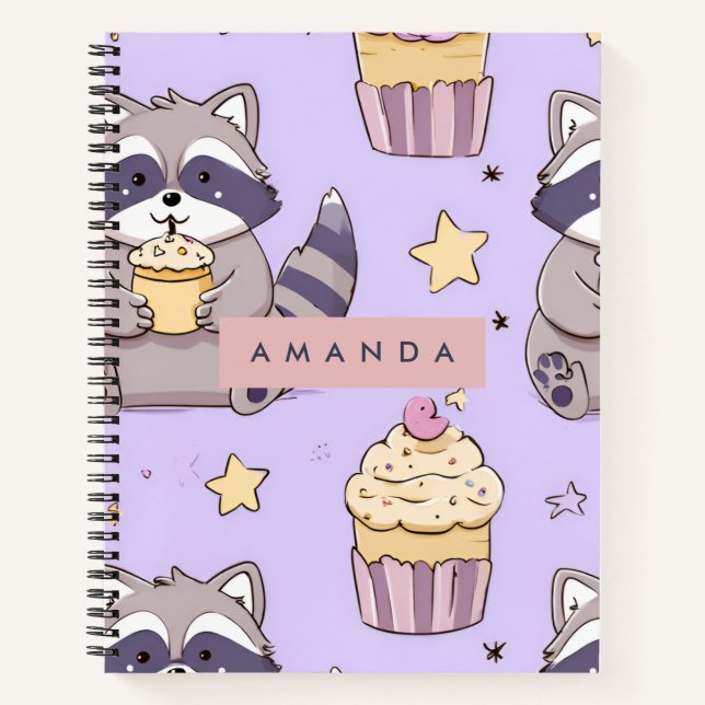Personalisierte Kawaii-Raccoons mit Cupcakes-Muste Notizbuch (Vorderseite)