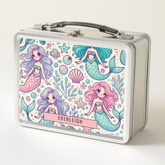 Personalisierte Kid's Mermaids Metall Brotdose (Vorderseite)