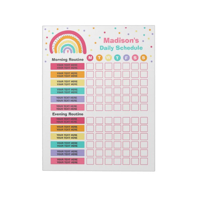 Personalisierte Kids Rainbow Daily Schedule Routin Notizblock (Rotiert)