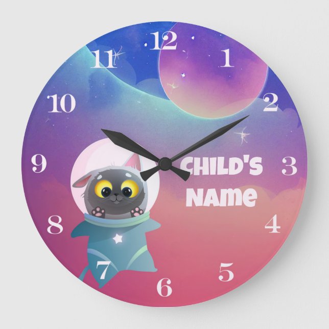 Personalisierte Kid's Space Cat Wall Uhr (Vorderseite)