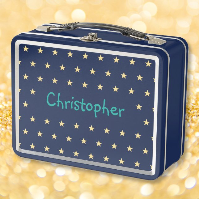 Personalisierte Kinder Name Gold Stars Boys Blue S Metall Brotdose (Personalized Kids Name Gold Stars Boys Blue School Metal Lunch Box)